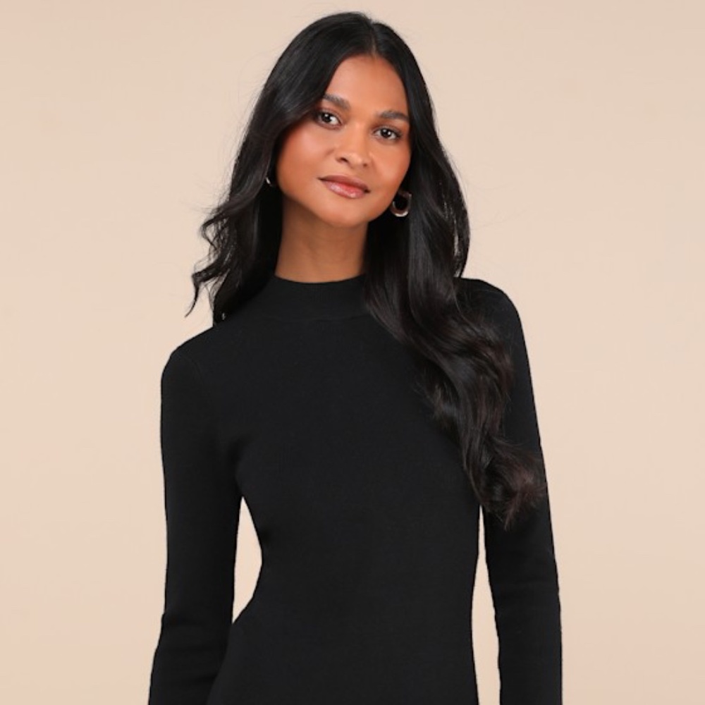 Lulus Adorable Intentions Black Mock Neck A-line Mini Sweater Dress - Size M